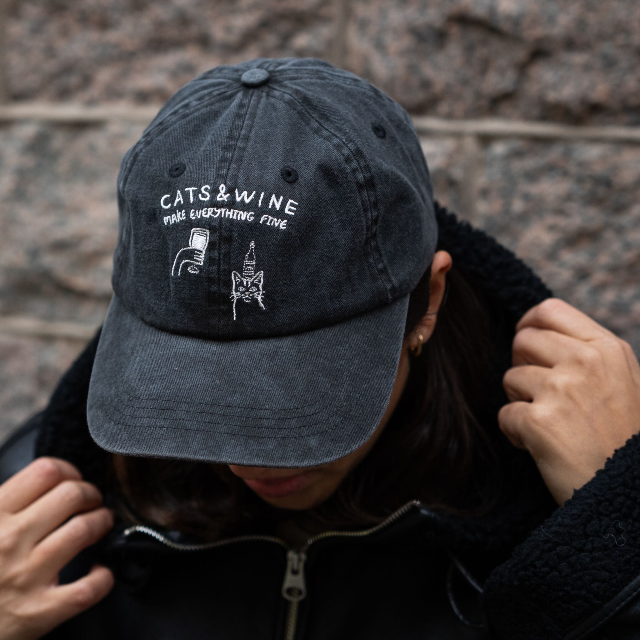 Black Denim Cap - Logo "Cats & Wine Make Everything Fine"