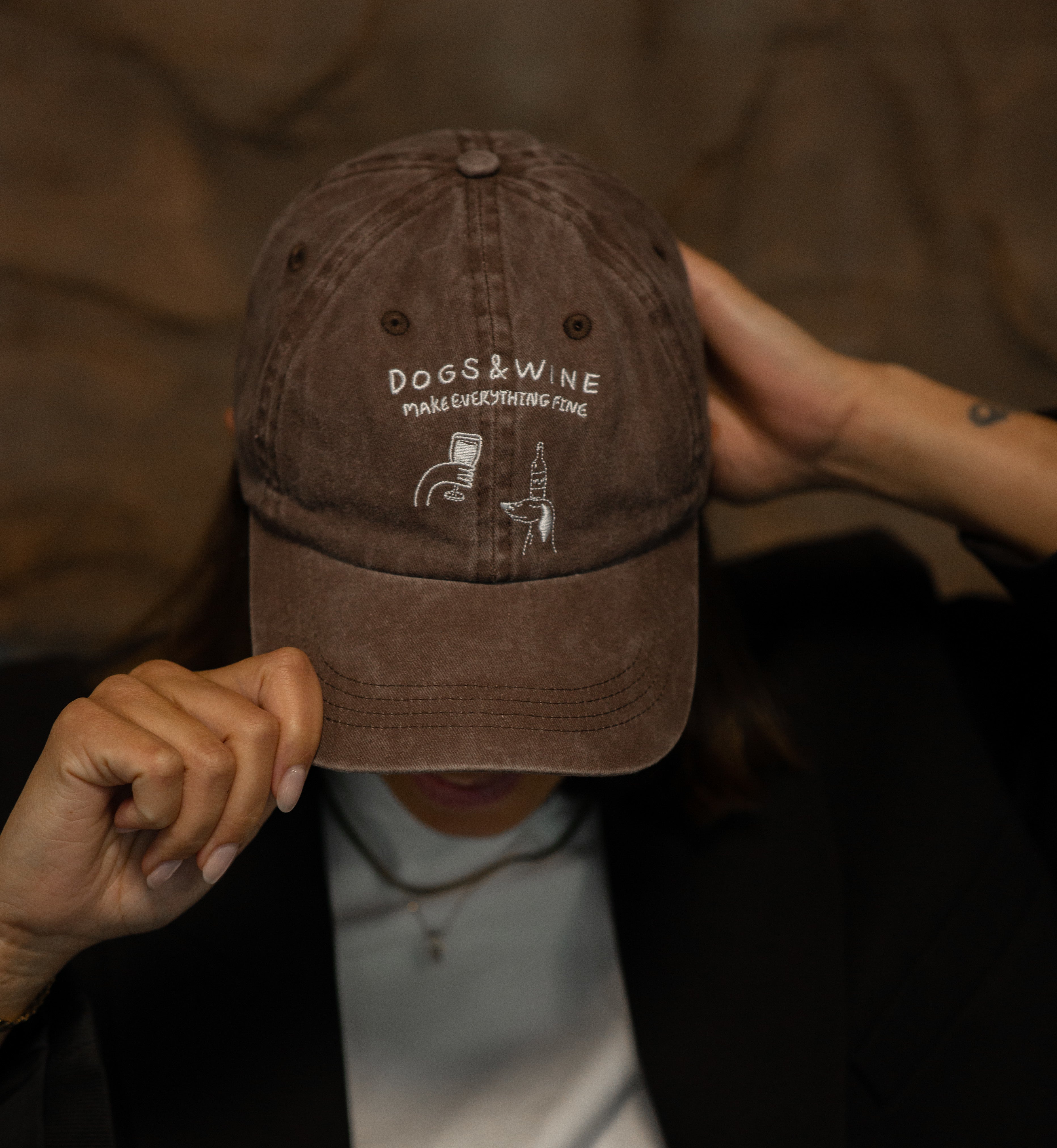 Brown Denim Cap - Logo "Dogs & Wine Make Everything Fine"