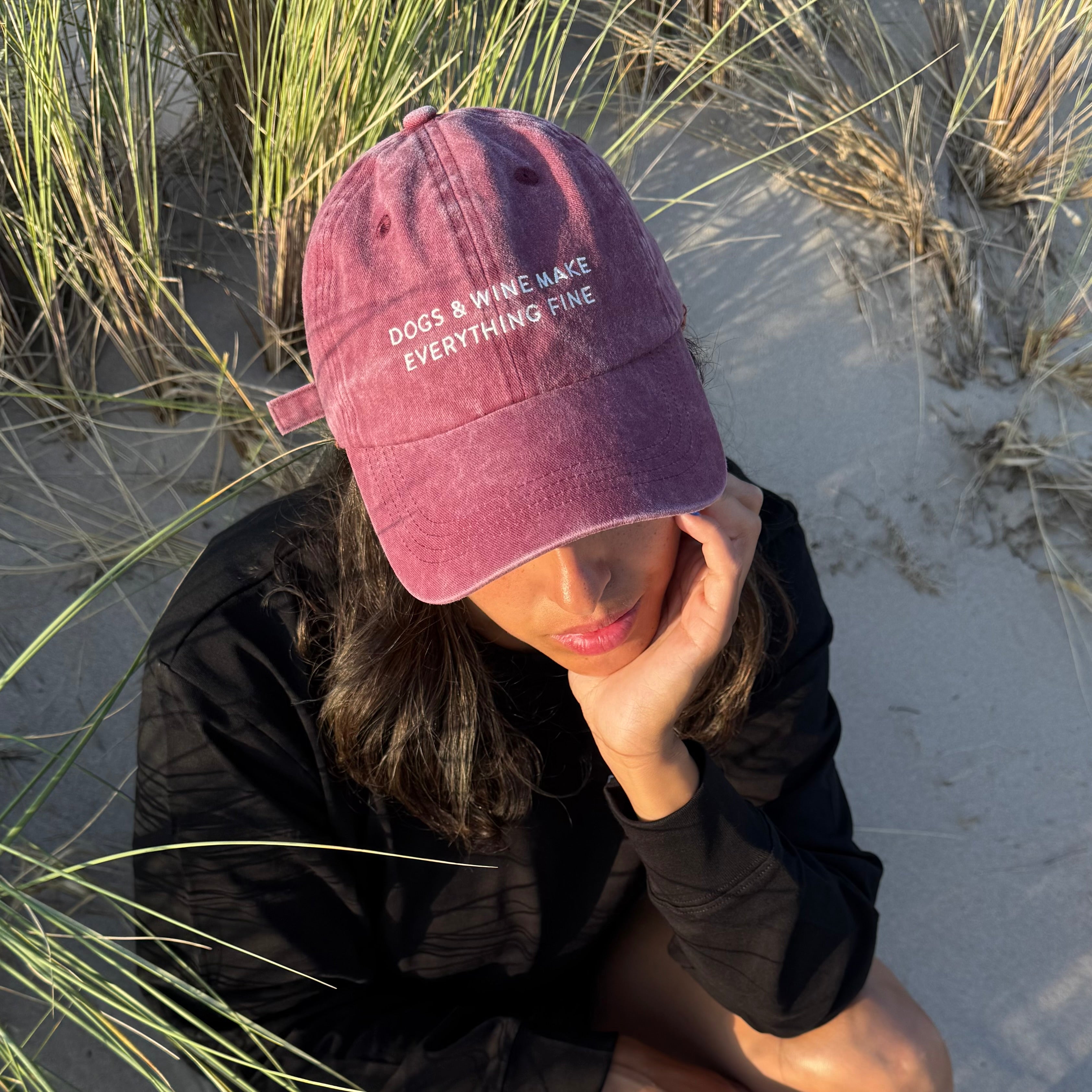 Dark Red Denim Cap - Dogs & Wine Make Everything Fine